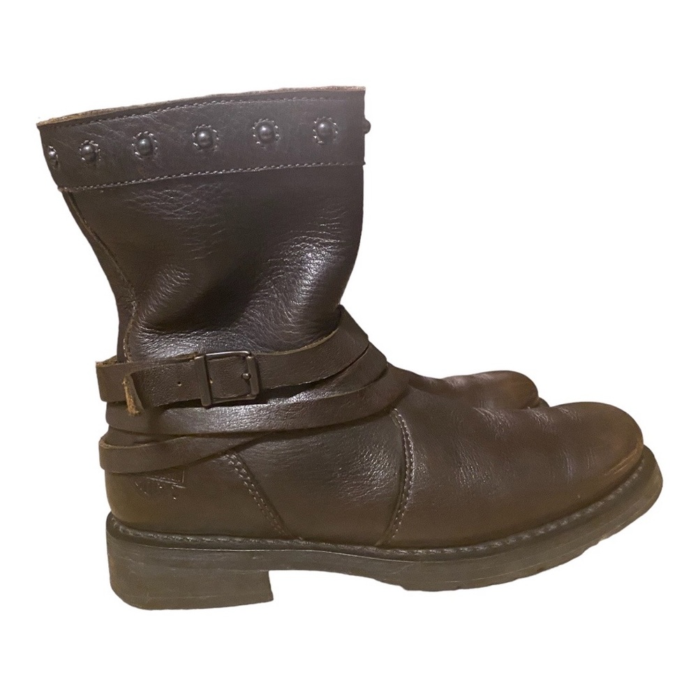 Harley Davidson Mandy Brown Black Leather Biker Slate Buckle Ankle Boots 6W - Picture 3 of 13
